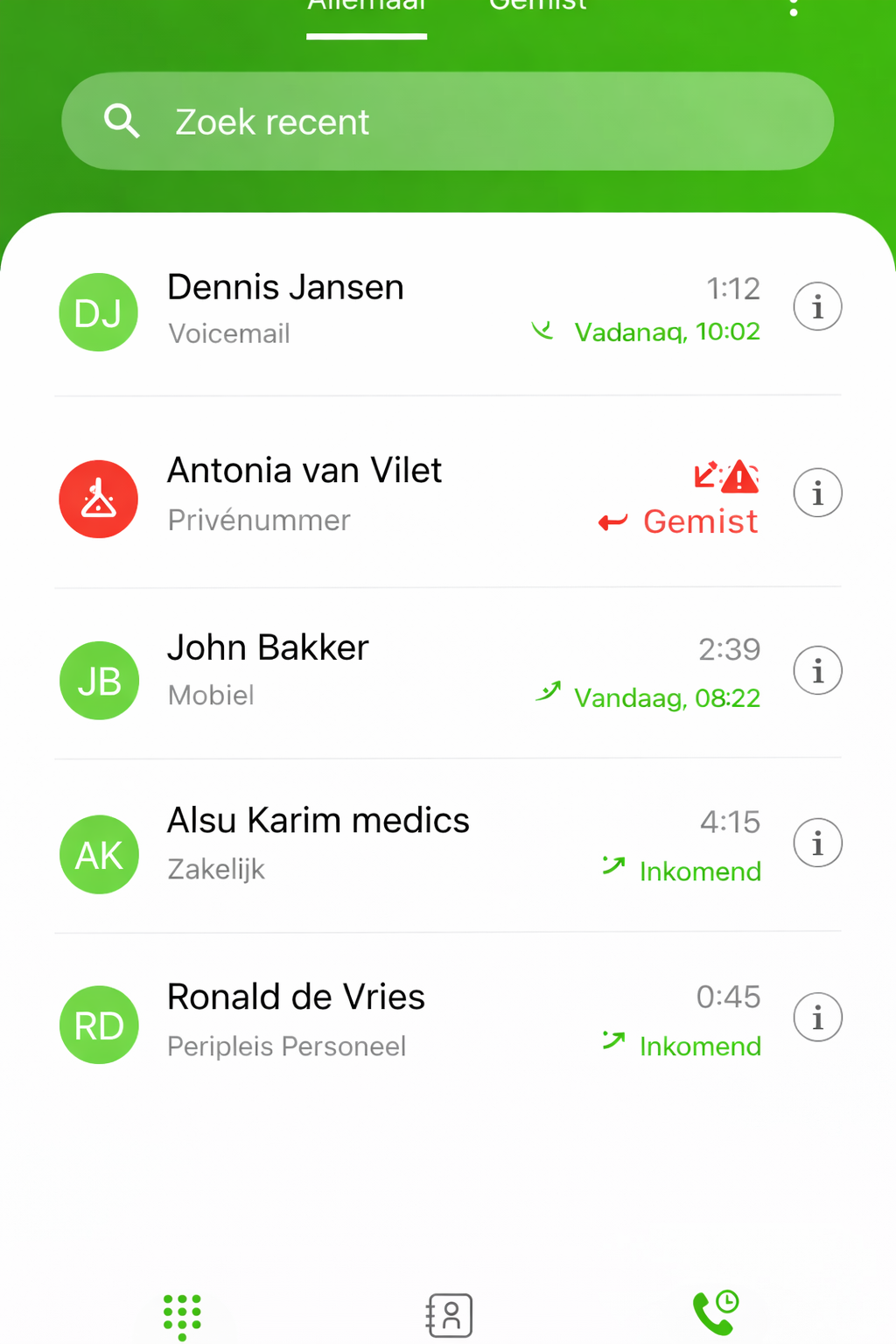 Recente oproepen in Werk Telefoon